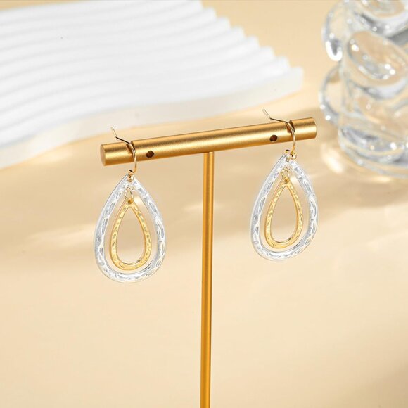 Gold and Silver Two Toned hammered teardrop Dangle Trendy Earrings for Women - Picture 5 of 6